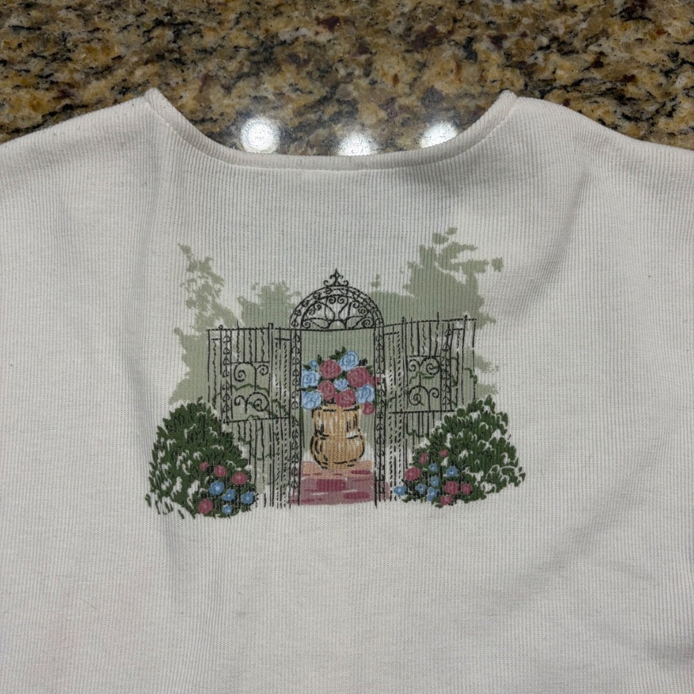 Vintage Cottagecore Garden Graphic Ribbed Cardigan Cream Floral V-Neck Sweater v - Picture 3 of 7